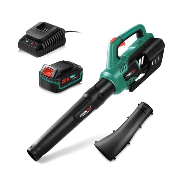 POSENPRO 20V akumuliatorinis lapų pūstuvas su 4000 mAh baterija ir 2 greičio režimais