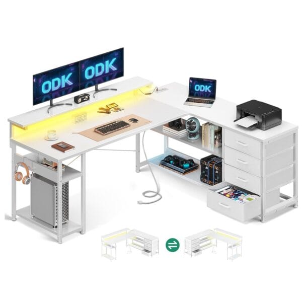 ODK L-formos stalas su elektros lizdais, LED juostomis ir stalčiais (Nežymiai pažeista pakuotė)